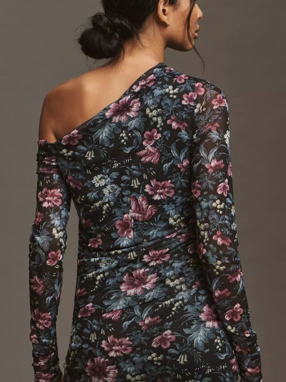 Anthropologie Mesh Long-Sleeve Asymmetric Top, Black Pattern, L - Picture 2 of 4